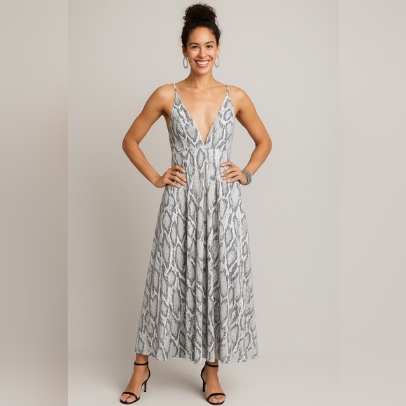 Retro Baddie Y2K Large Sexy Reptile Print Stretch Pockets Maxi Going Out Dress - Picture 1 of 13